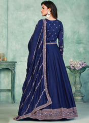 Ink Blue Embroidered Art Silk Anarkali Style Suit