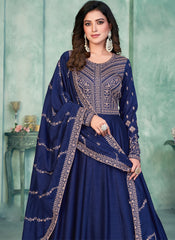 Ink Blue Embroidered Art Silk Anarkali Style Suit