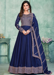 Ink Blue Embroidered Art Silk Anarkali Style Suit