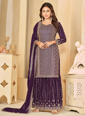 Purple Embroidered Georgette Sharara Style Suit