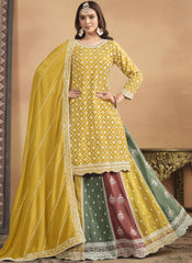Yellow with Multicolor Chinon Lehenga Style Suit