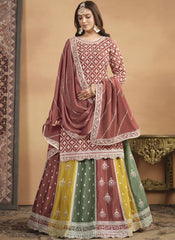 Mauve-Pink with Multicolor Cninon Lehenga Style Suit