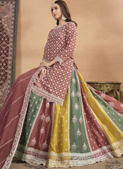 Mauve-Pink with Multicolor Cninon Lehenga Style Suit