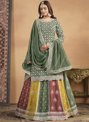 Green with Multicolor Chinon Lehenga Style Suit