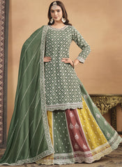 Green with Multicolor Chinon Lehenga Style Suit