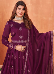Wine-Purple Party Wear Art Silk Anarkali Suit