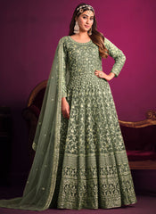 Dusty Green Party Wear Net Anarkali Style Suit