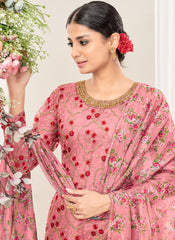 Pink Sequins-Thread Embroidery Net Straight Cut Suit