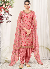 Pink Sequins-Thread Embroidery Net Straight Cut Suit