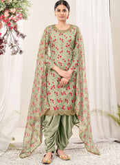 Pista Green Sequins-Thread Embroidery Net Straight Cut Suit