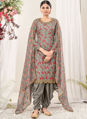 Grey Sequins-Thread Embroidery Net Straight Cut Suit
