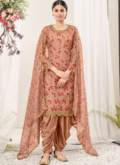 Dusty Peach Sequins-Thread Embroidery Net Straight Cut Suit