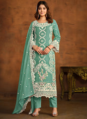 Sea Green Embroidered Organza Straight Cut Style Suit