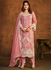 Pink Embroidered Organza Straight Cut Style Suit