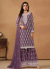 Purple Embroidered Georgette Straight Suit with Sharara