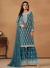 Teal Blue Embroidered Georgette Straight Suit with Sharara