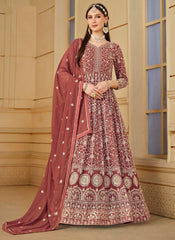 Pinkish-Borwn Embroidered Georgette Anarkali Suit