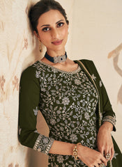 Olive Green Embroidered Georgette Gharara Suit