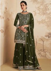 Olive Green Embroidered Georgette Gharara Suit
