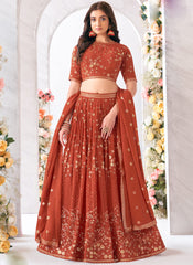 Brown Pure Georgette Sequence Embroidered Lehenga Choli