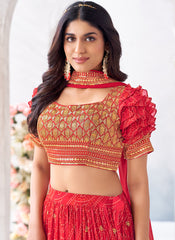 Red Bandhani Printed Traditional Georgette Lehenga Choli