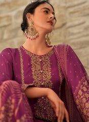 Purple Embroidered Georgette Satin Sharara/Palazzo Style Suit