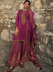 Purple Embroidered Georgette Satin Sharara/Palazzo Style Suit