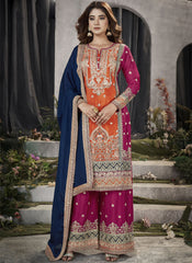 Orange, Rani, and Navy Blue Ready to Wear Chinon Palazzo style Suit