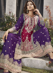 Rani, Purple, and Firozi Ready to Wear Chinon Palazzo style Suit