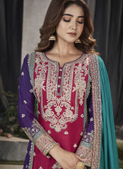 Rani, Purple, and Firozi Ready to Wear Chinon Palazzo style Suit