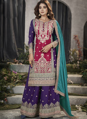 Rani, Purple, and Firozi Ready to Wear Chinon Palazzo style Suit