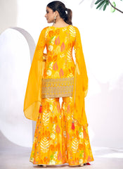 Yellow Golden Mirror Work Embroidery Sharara Suit