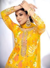 Yellow Golden Mirror Work Embroidery Sharara Suit