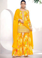 Yellow Golden Mirror Work Embroidery Sharara Suit