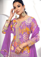 Purple Golden Mirror Work Embroidery Sharara Suit