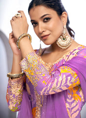 Purple Golden Mirror Work Embroidery Sharara Suit