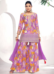 Purple Golden Mirror Work Embroidery Sharara Suit