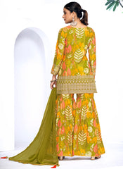 Green Golden Mirror Work Embroidery Sharara Suit