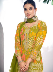 Green Golden Mirror Work Embroidery Sharara Suit