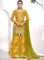 Green Golden Mirror Work Embroidery Sharara Suit