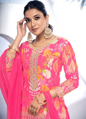 Pink Golden Mirror Work Embroidery Sharara Suit