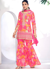 Pink Golden Mirror Work Embroidery Sharara Suit