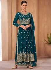 Attractive Teal Blue Readymade Party Wear Palazzo Style Georgette Suit - nirshaa