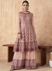 Peach and Maroon embroidered Anarkali Suit with Palazzo