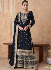 Black Embroidered Straight Cut Suit with Palazzo