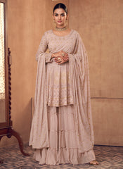 Dusty Pink Embroidered Chinon-Georgette Palazzo Style Suit