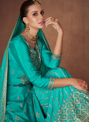 Blue Party Wear Straight Cut Suit with Palazzo