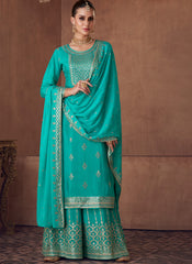 Blue Party Wear Straight Cut Suit with Palazzo