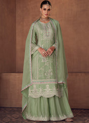 Light Green Party Wear Straight Cut Suit with Palazzo