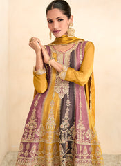 Yellow Multicolor Chinon Anarkali Suit With Sharara
